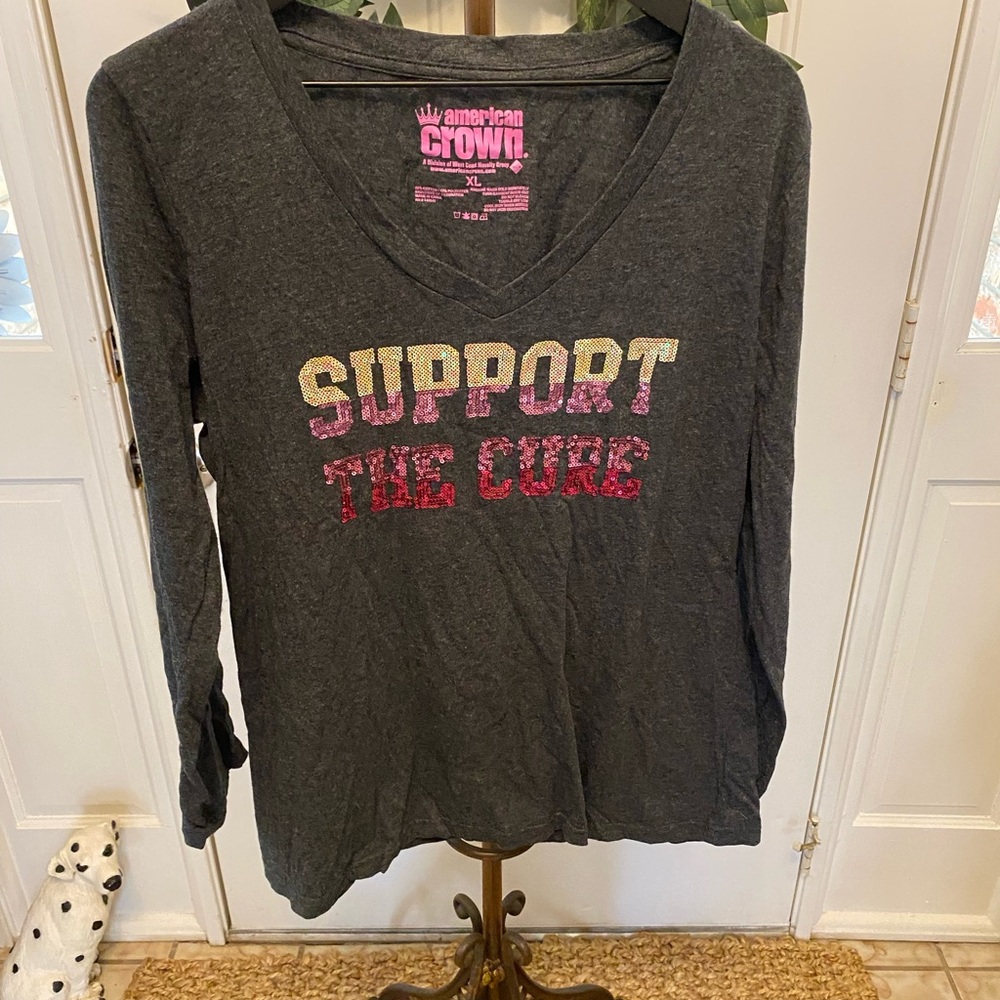 American Crown Sequin Breast Cancer T Shirt LS Support The Cure XL